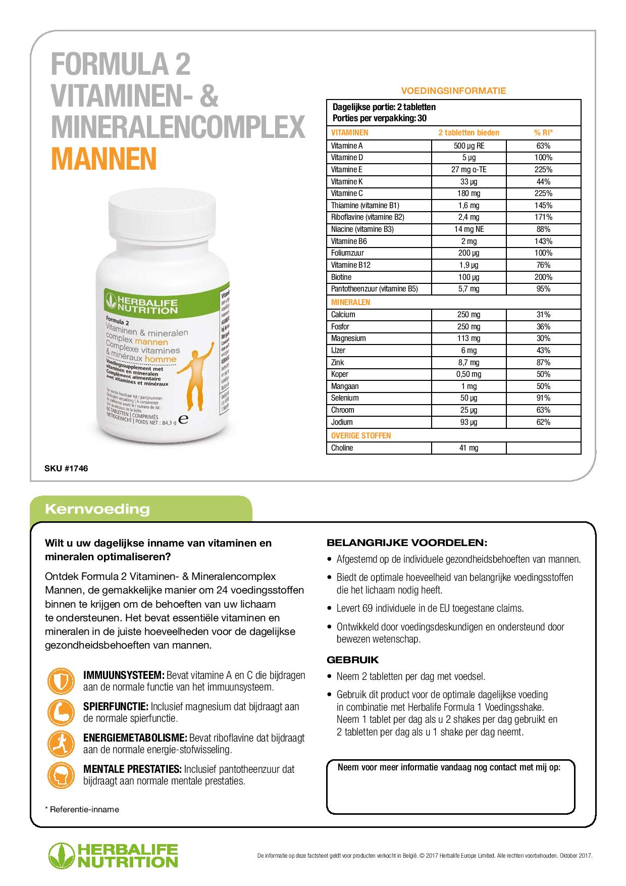 Formula 2 Vitaminen- & Mineralencomplex Mannen Ingrediënten